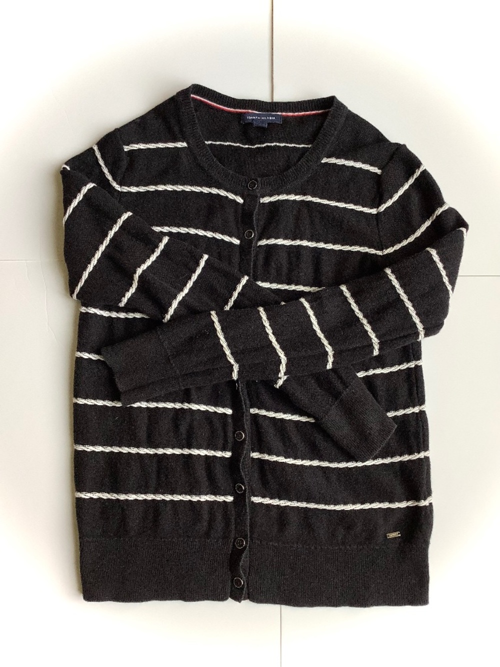 Tommy Hilfiger Black & Corded White Stripe Knit Button Down Cardigan